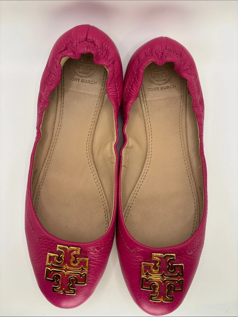 Tory Burch Hot Pink Leather Logo Ballet Flats with Gold Emblem